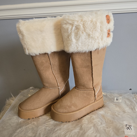 Shoes - Tall Faux-Fur Cuff Tan Suede Boot